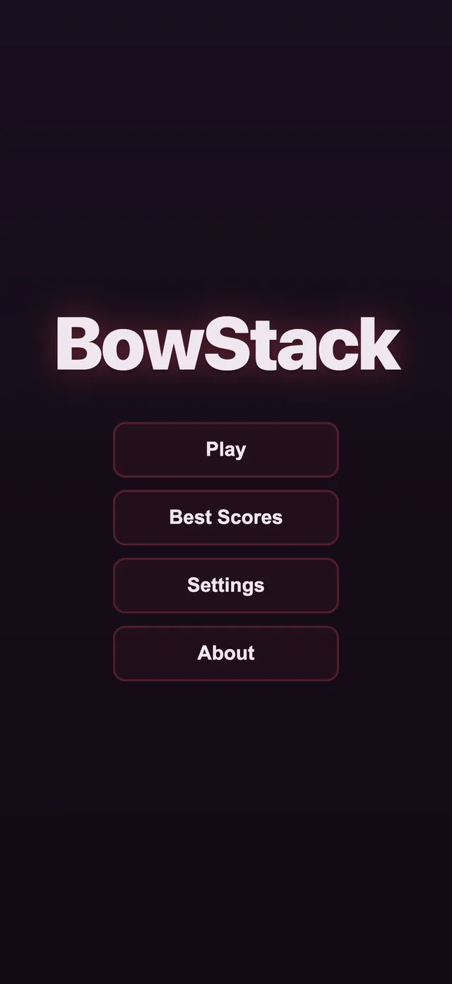 BowStack main menu with Play, Best Scores, Settings and About.